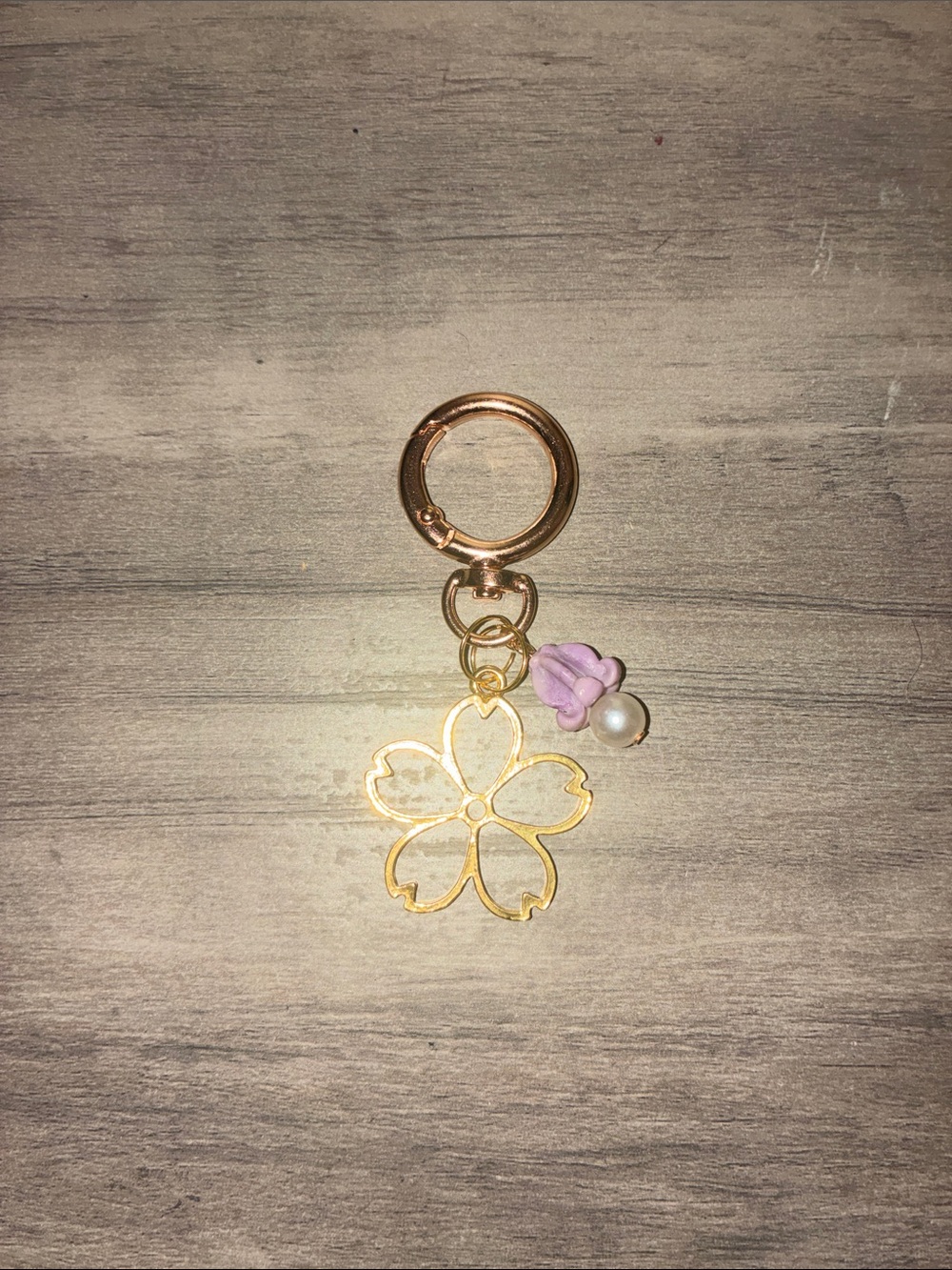 Gold Cherry Blossom Keyring with Pink Flower Accent